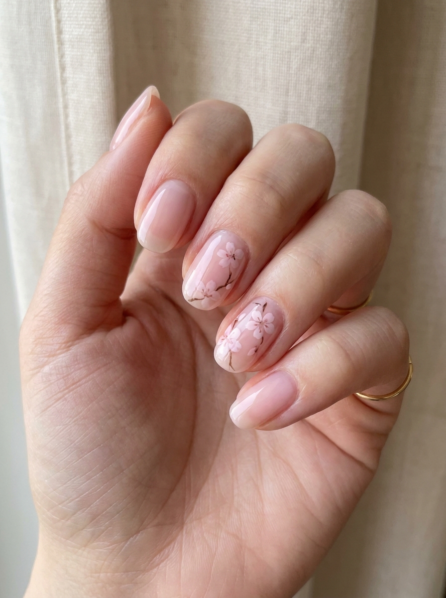 Cherry Blossom Nails mit hellrosa Kirschblüten auf milchiger Basis